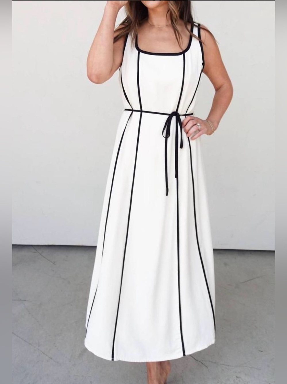 252. White Sleeveless Maxi Dress with Black Piping